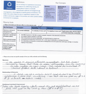 Completed component-level CLA maturity scale worksheet with space for examples. The worksheet includes Definitions of the component, Key Concepts, a Maturity Scale, and three elements related to the component with written explanations of how the example office embodies each element. Credit: Headlight Consulting Services.